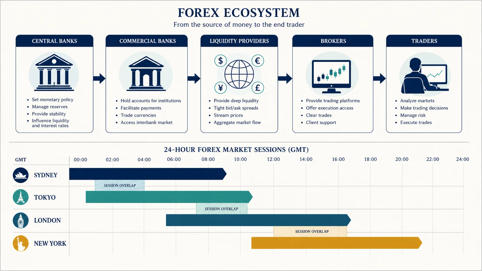 แผนภาพผู้มีส่วนร่วมในตลาด Forex และช่วงเวลาตลาดซิดนีย์ โตเกียว ลอนดอน และนิวยอร์ก