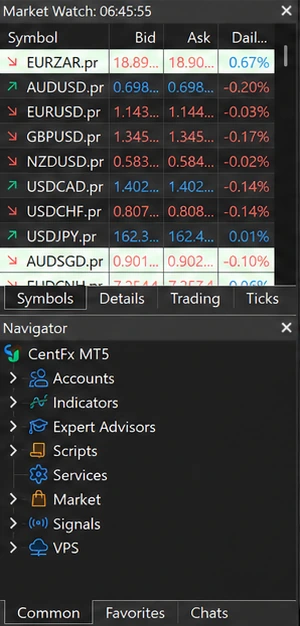 ภาพขยาย Market Watch และ Navigator ของ MT5